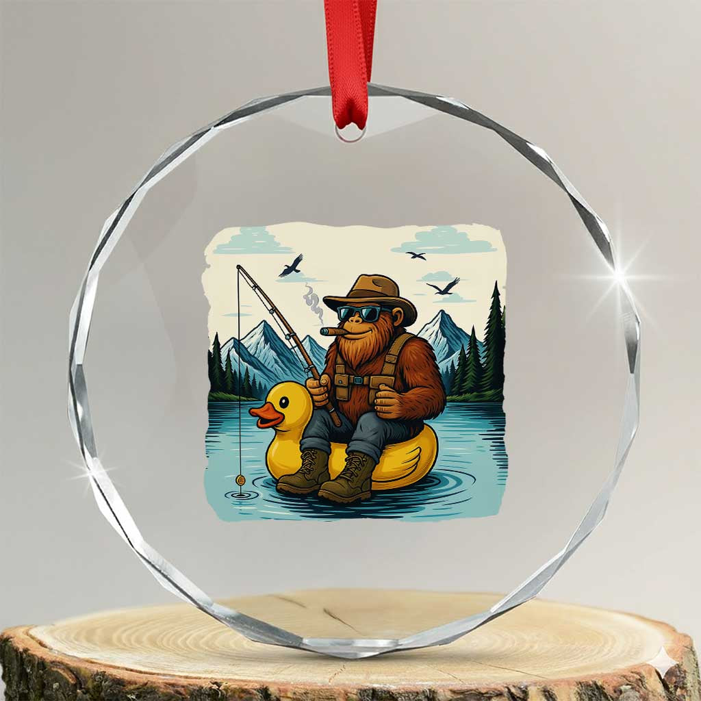 Funny Bigfoot Fishing Crystal Glass Ornament Sasquatch Sitting Rubber Duckie Cruise - Wonder Print Shop