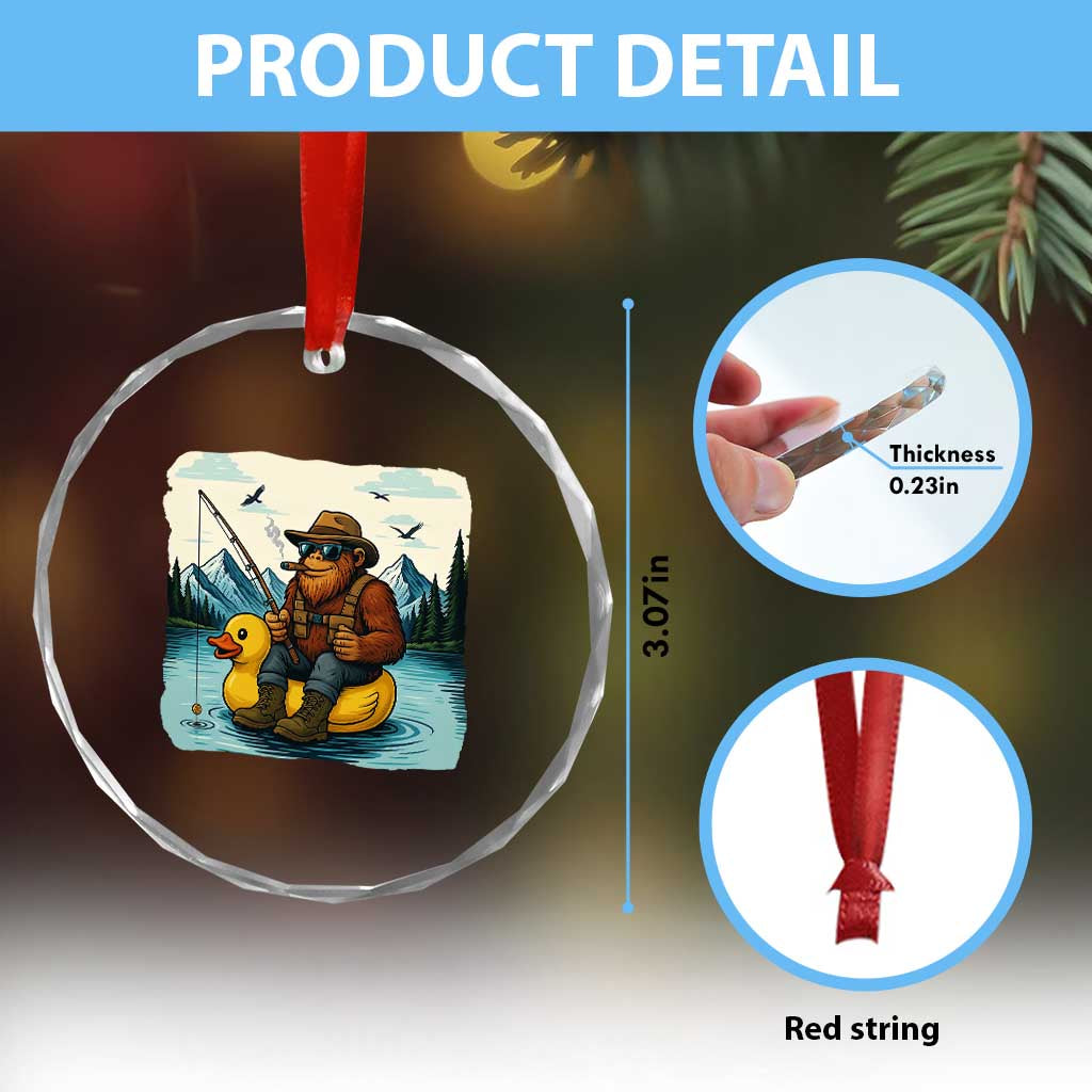 Funny Bigfoot Fishing Crystal Glass Ornament Sasquatch Sitting Rubber Duckie Cruise - Wonder Print Shop