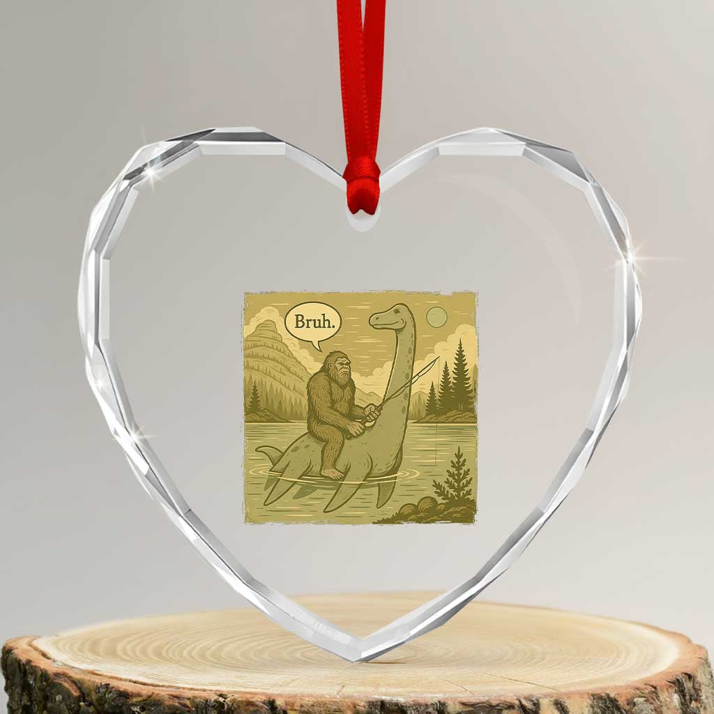 Funny Bigfoot Fishing Heart Crystal Glass Ornament Sasquatch Loch Ness Monster Introvert Bruh - Wonder Print Shop