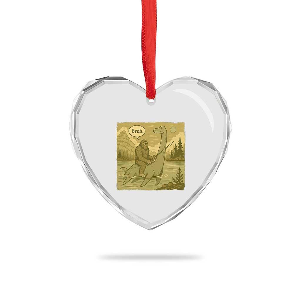Funny Bigfoot Fishing Heart Crystal Glass Ornament Sasquatch Loch Ness Monster Introvert Bruh - Wonder Print Shop