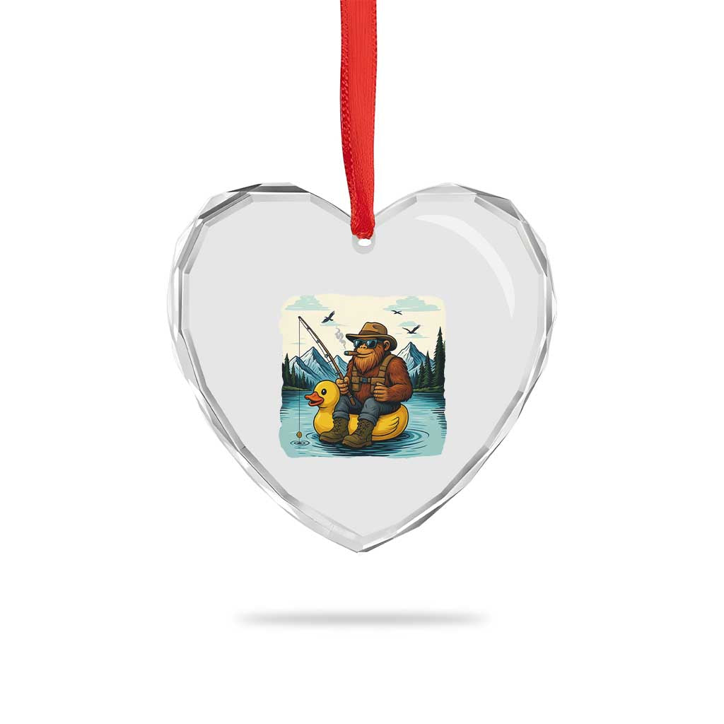 Funny Bigfoot Fishing Heart Crystal Glass Ornament Sasquatch Sitting Rubber Duckie Cruise - Wonder Print Shop