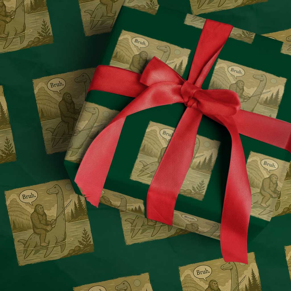 Funny Bigfoot Fishing Wrapping Paper Roll Sasquatch Loch Ness Monster Introvert Bruh - Wonder Print Shop