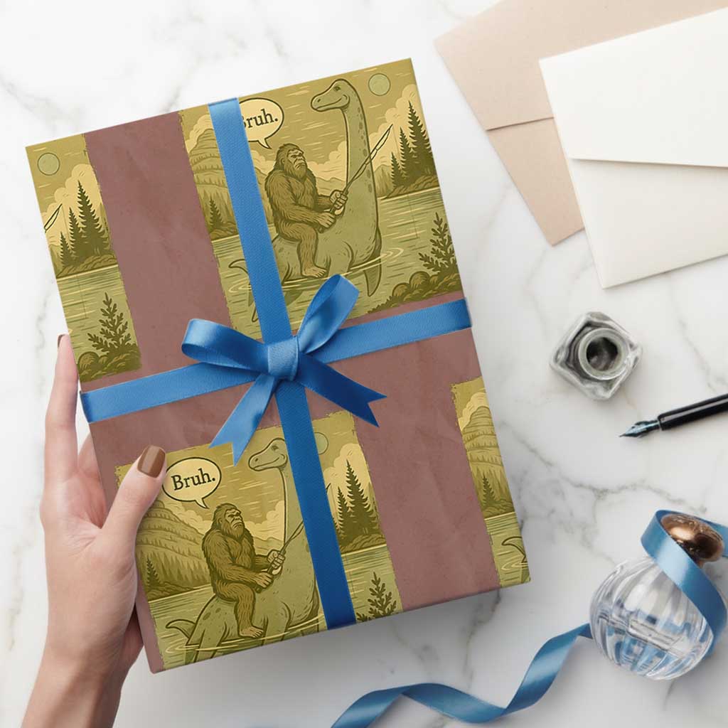 Funny Bigfoot Fishing Wrapping Paper Roll Sasquatch Loch Ness Monster Introvert Bruh - Wonder Print Shop