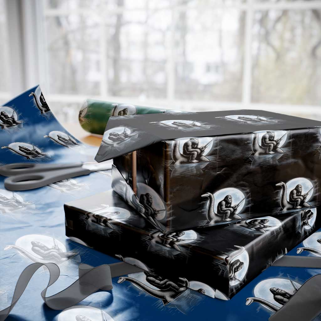 Funny Bigfoot Fishing Wrapping Paper Roll Sasquatch Riding Nessie Cryptid Moon Night - Wonder Print Shop