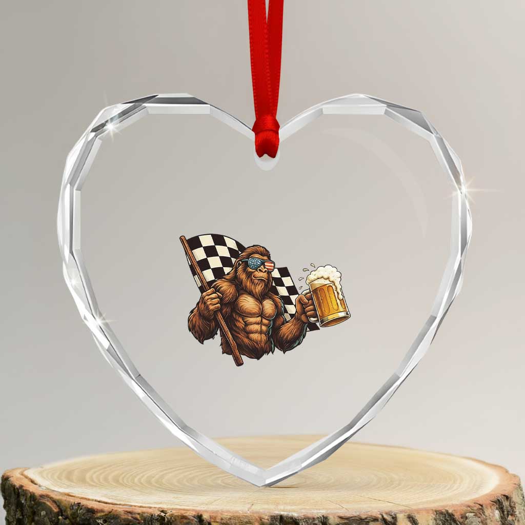Funny Bigfoot Heart Crystal Glass Ornament Sasquatch Drinking Beer Racing Car - Wonder Print Shop
