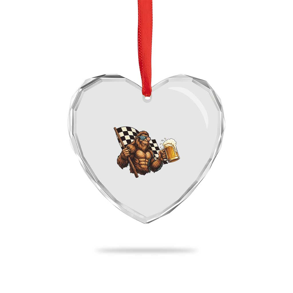 Funny Bigfoot Heart Crystal Glass Ornament Sasquatch Drinking Beer Racing Car - Wonder Print Shop
