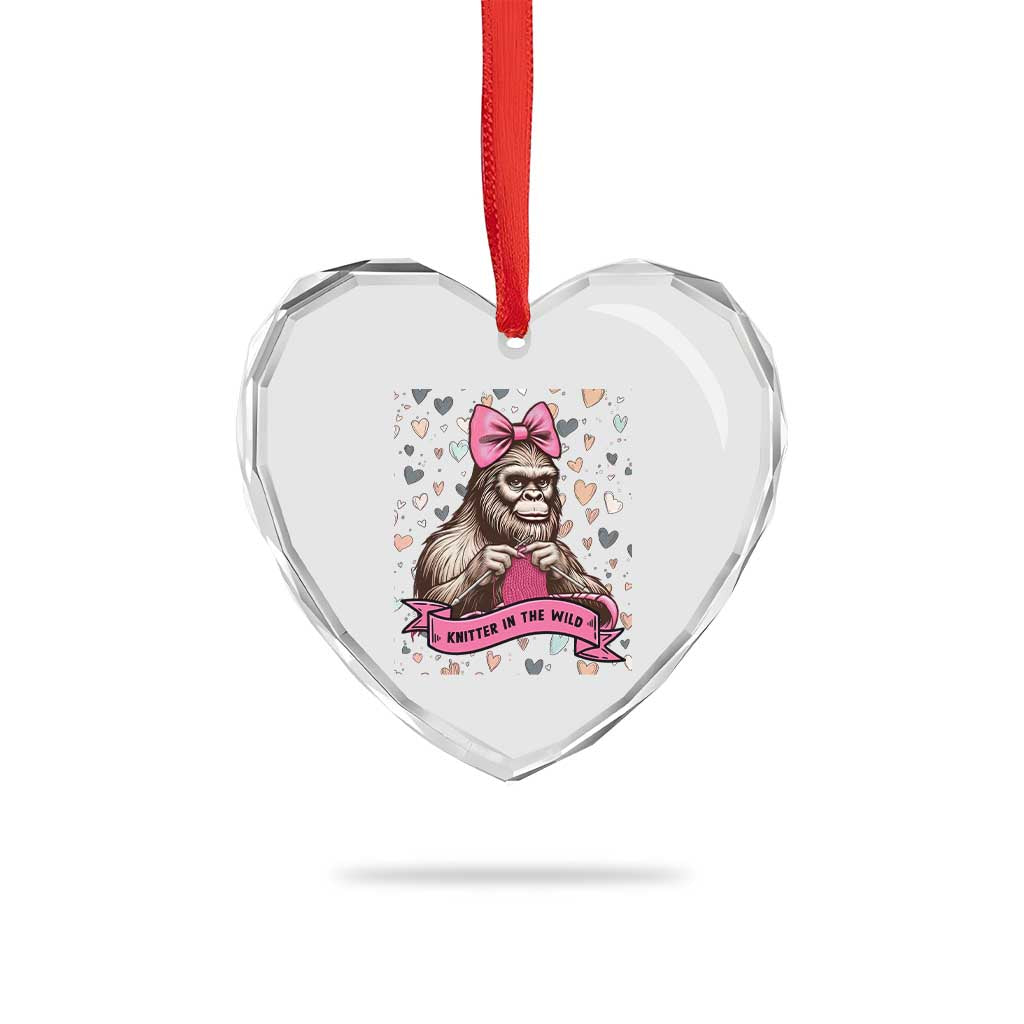 Funny Bigfoot Knitting Heart Crystal Glass Ornament Knitter In The Wild - Wonder Print Shop