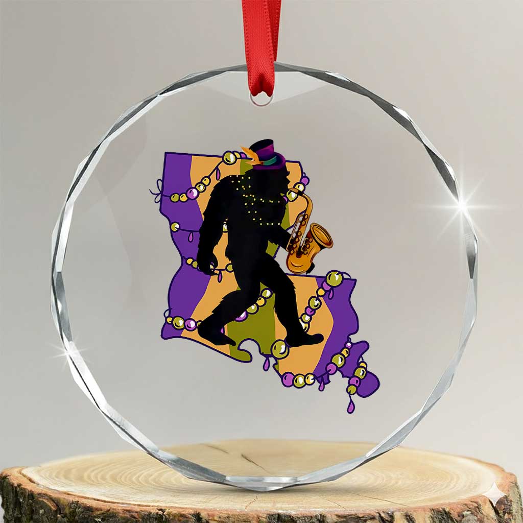Funny Bigfoot Mardi Gras Louisiana Map Jazz Music Crystal Glass Ornament