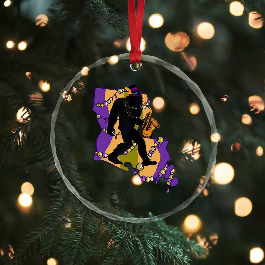 Funny Bigfoot Mardi Gras Louisiana Map Jazz Music Crystal Glass Ornament
