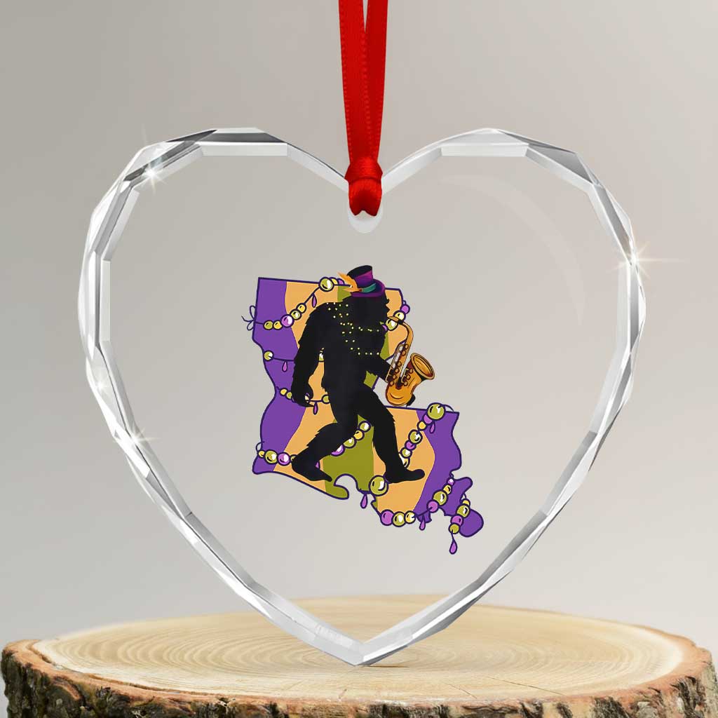 Funny Bigfoot Mardi Gras Louisiana Map Jazz Music Heart Crystal Glass Ornament