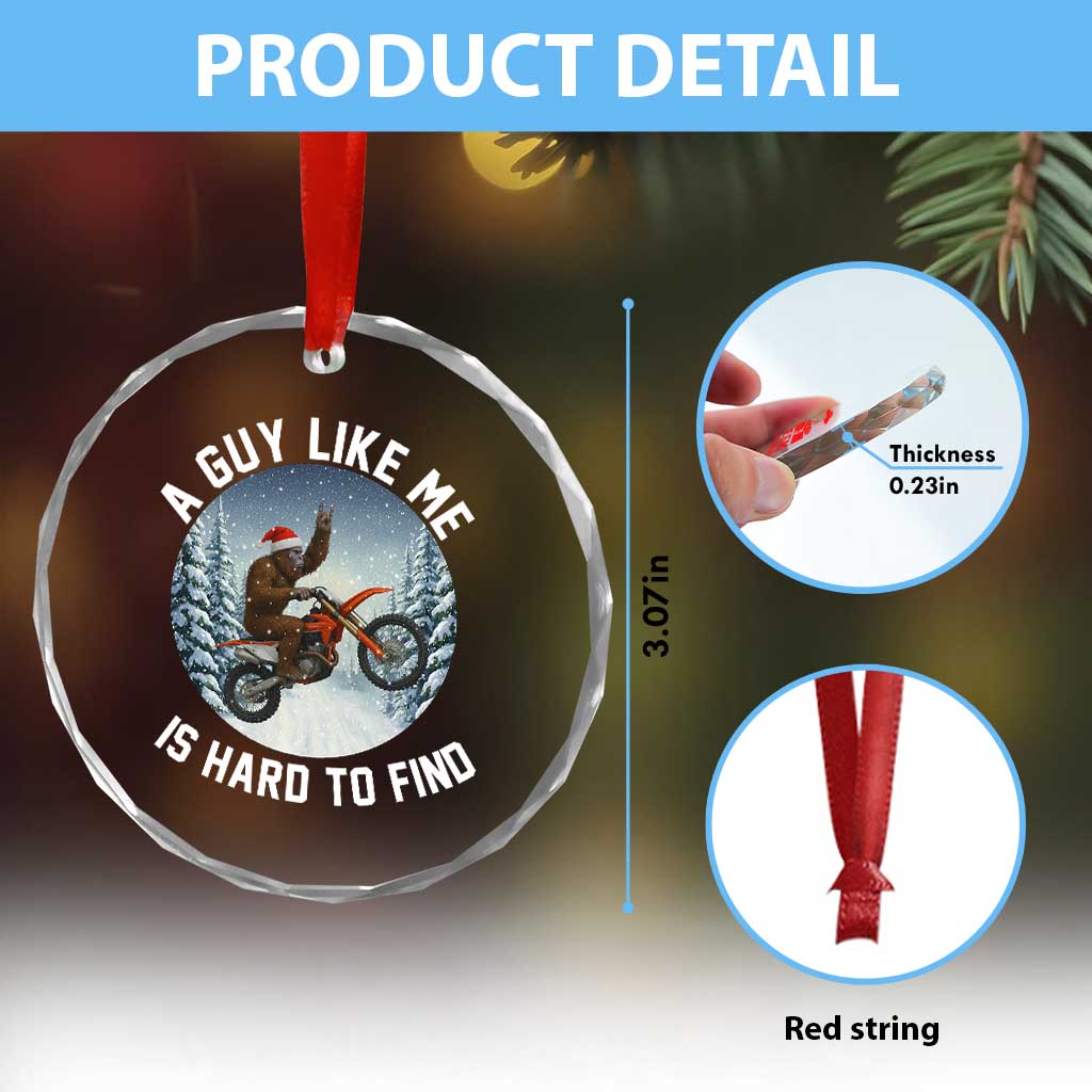 Funny Bigfoot Motorcycle Christmas Crystal Glass Ornament Sasquatch Rock On Hand Xmas - Wonder Print Shop