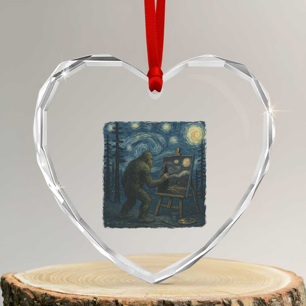 Funny Bigfoot Painting Starry Night Art Parody Gift Heart Crystal Glass Ornament - Wonder Print Shop