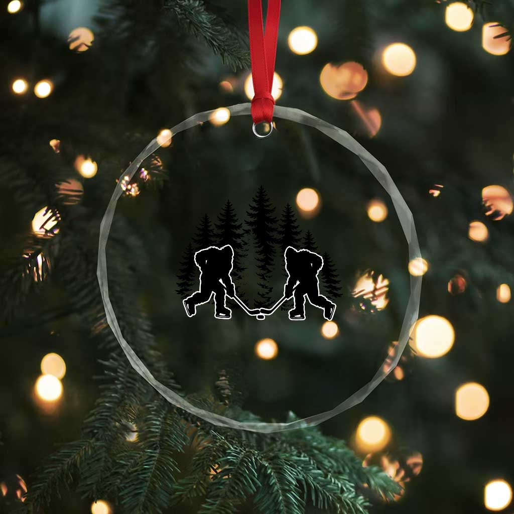 Funny Bigfoot Playing Ice Hockey Crystal Glass Ornament Cryptid Lover Gift - Wonder Print Shop