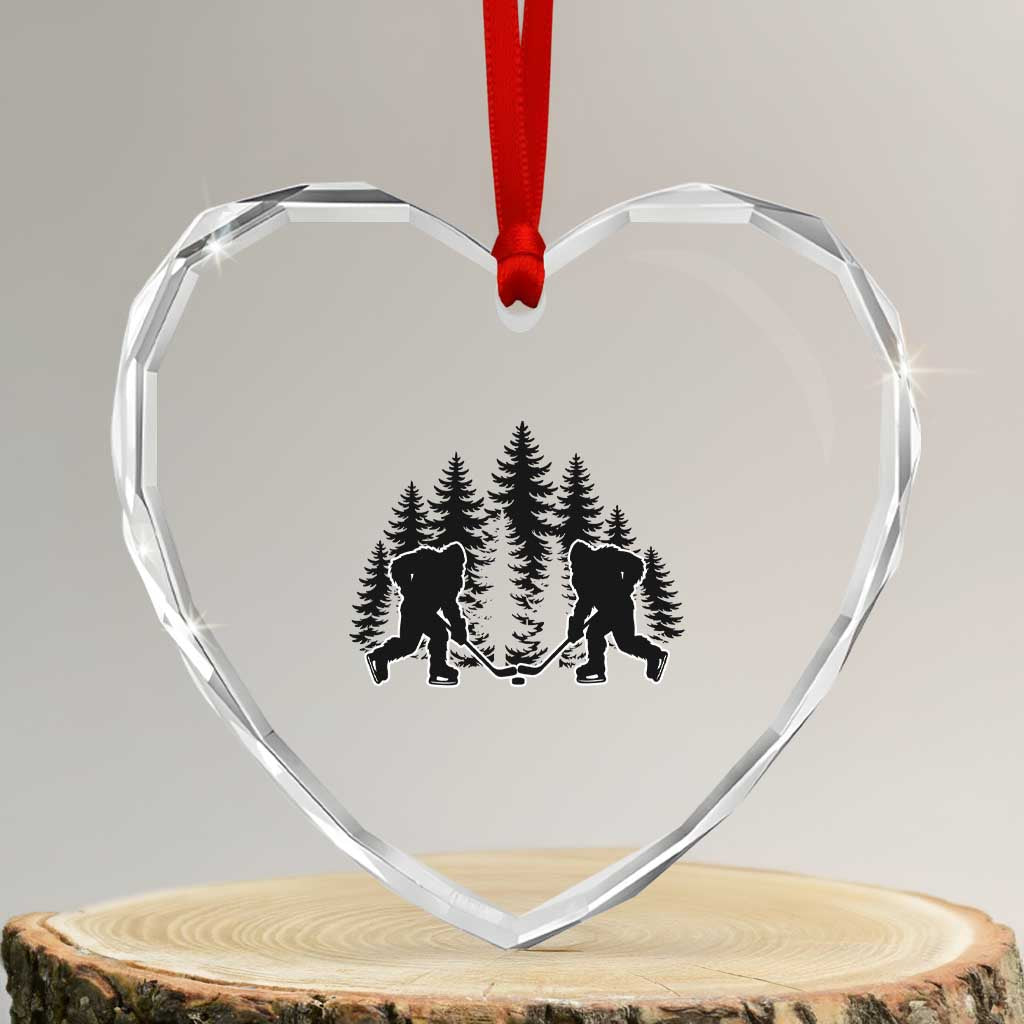 Funny Bigfoot Playing Ice Hockey Heart Crystal Glass Ornament Cryptid Lover Gift - Wonder Print Shop