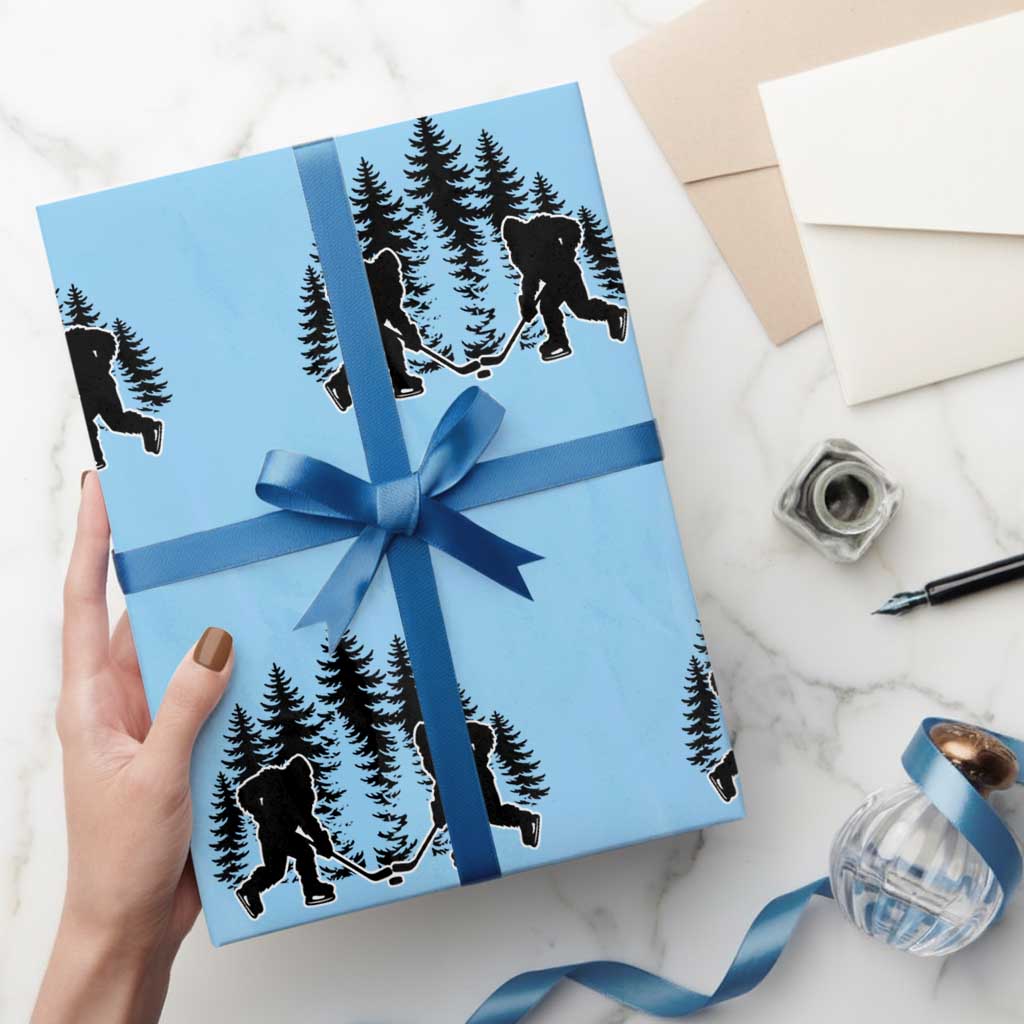 Funny Bigfoot Playing Ice Hockey Wrapping Paper Roll Cryptid Lover Gift - Wonder Print Shop