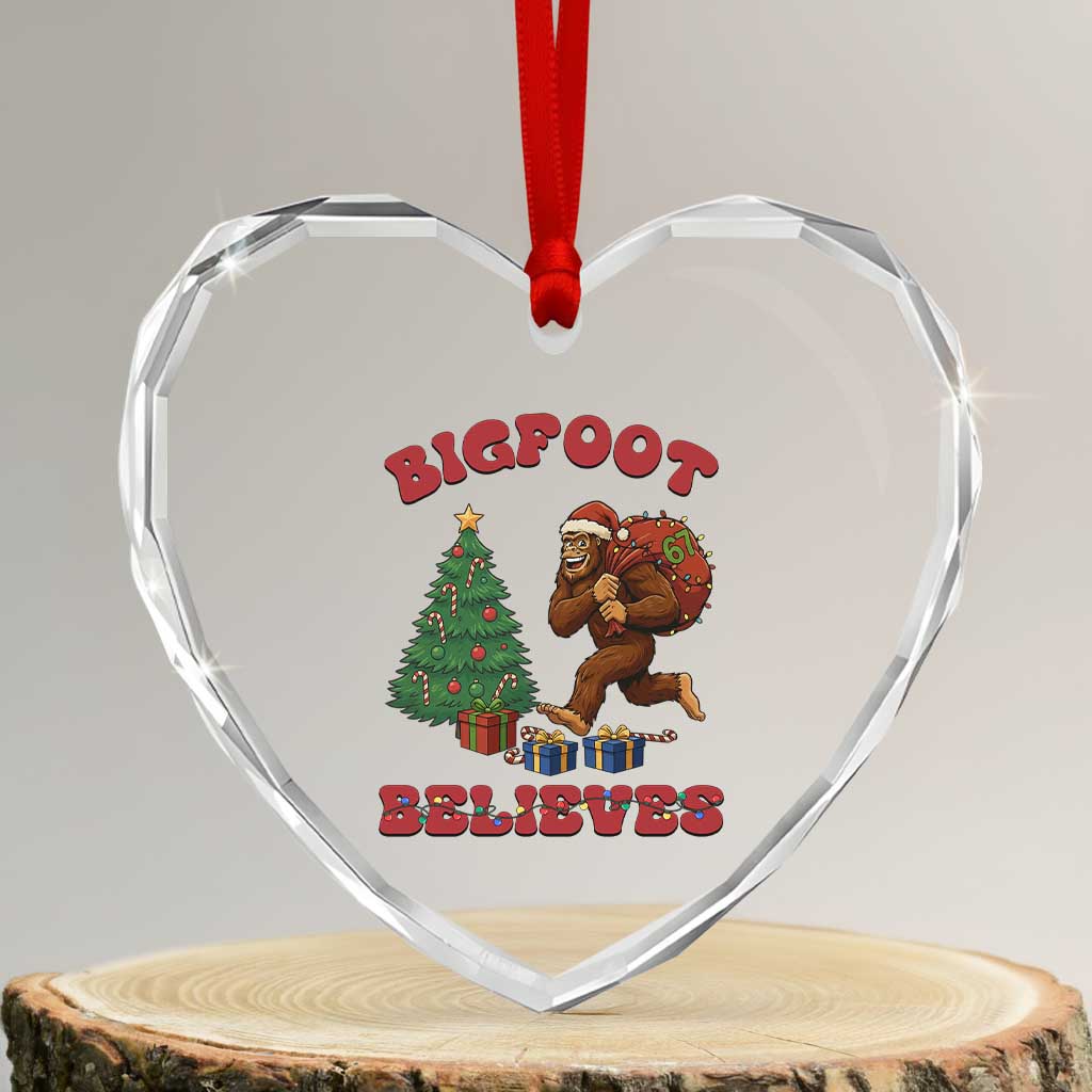 Funny Bigfoot Santa Believes Six Seven Meme Heart Crystal Glass Ornament Trendy Gen Z Xmas Gift - Wonder Print Shop