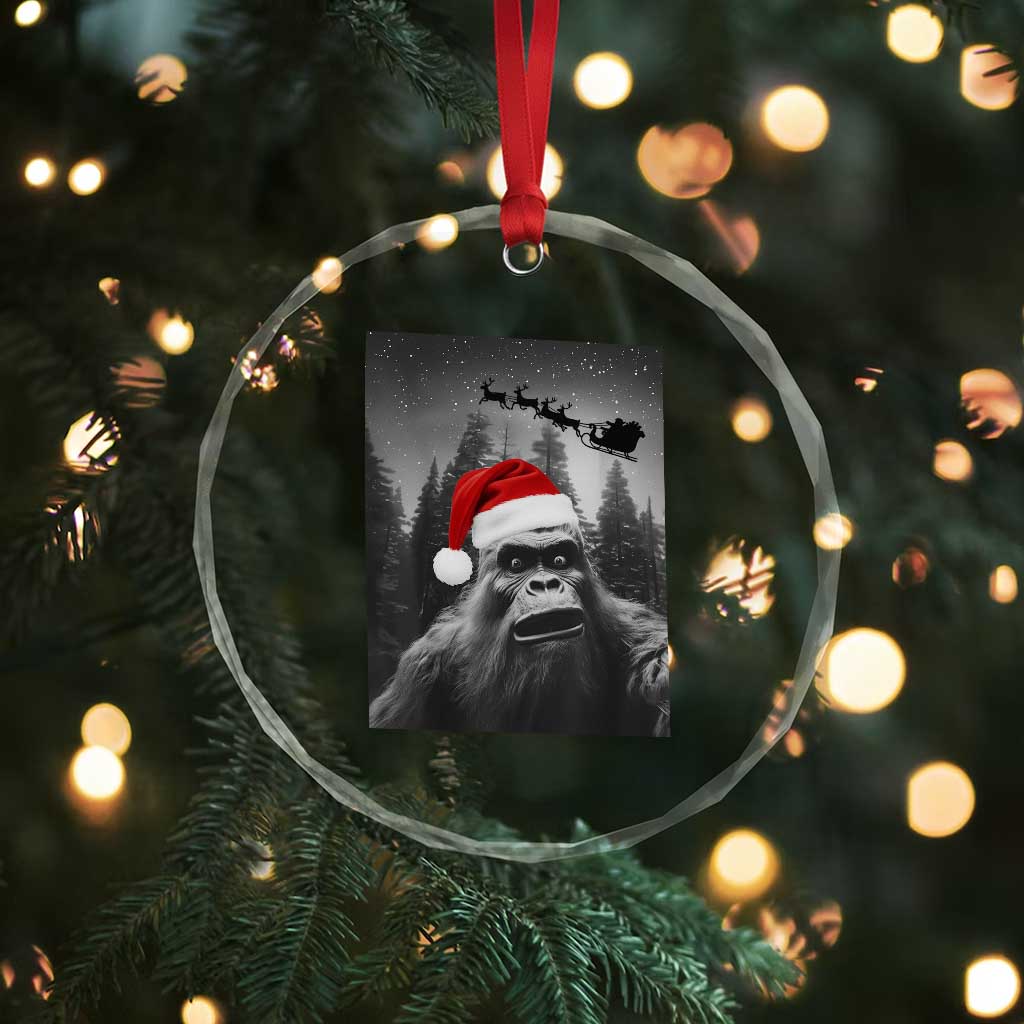 Funny Bigfoot Santas Sleigh Selfie Christmas Crystal Glass Ornament - Wonder Print Shop