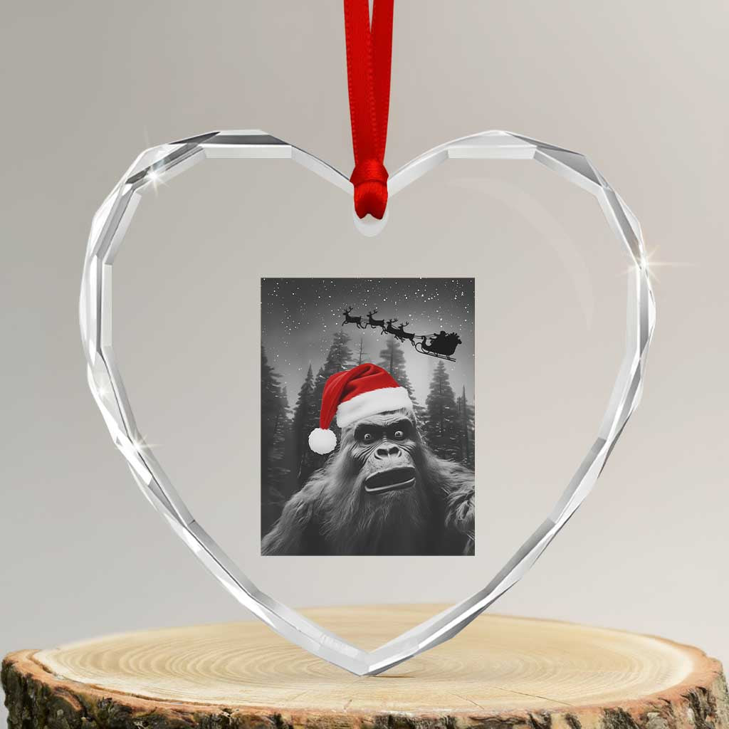 Funny Bigfoot Santas Sleigh Selfie Christmas Heart Crystal Glass Ornament - Wonder Print Shop