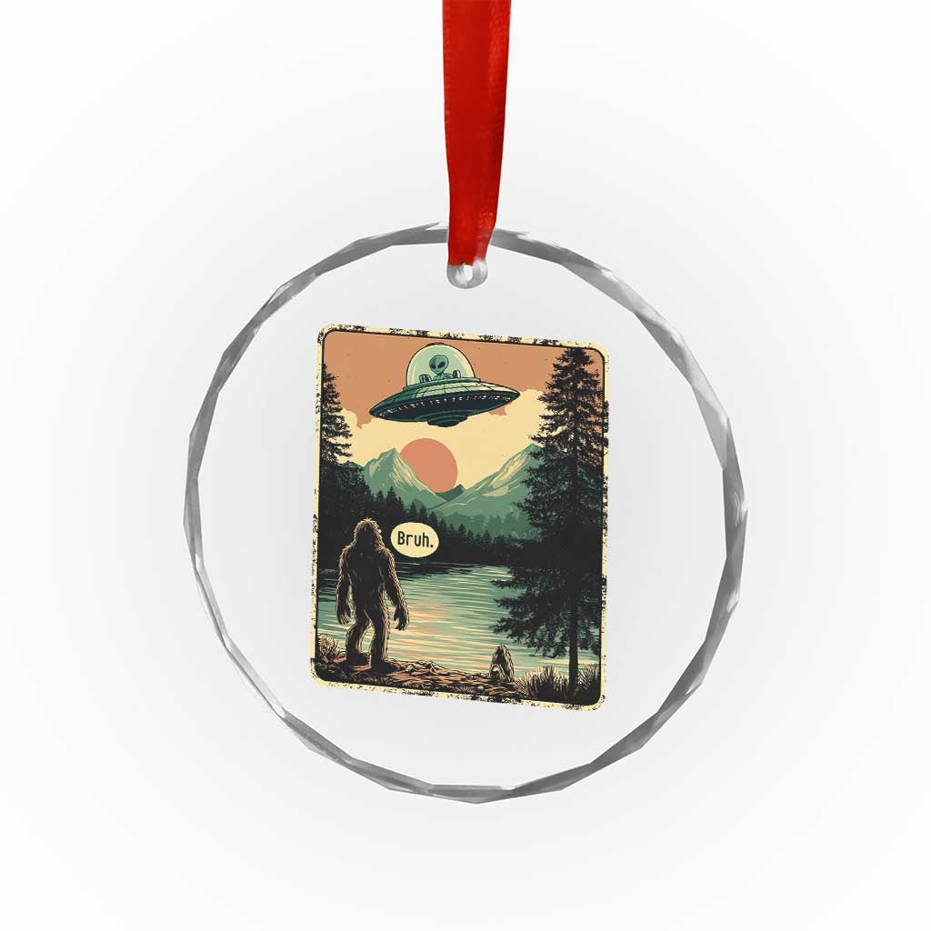 Funny Bigfoot Sasquatch Alien Spaceship UFO Introvert Bruh Crystal Glass Ornament - Wonder Print Shop