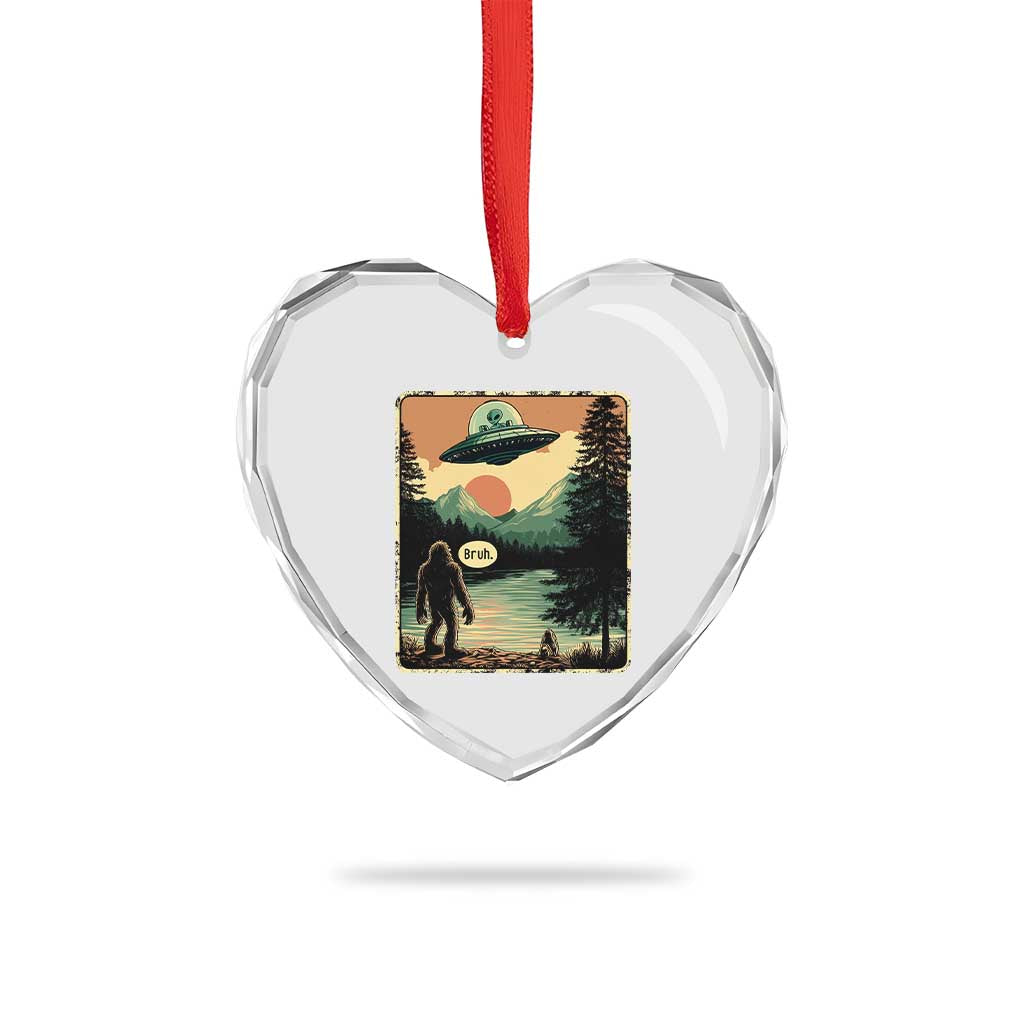 Funny Bigfoot Sasquatch Alien Spaceship UFO Introvert Bruh Heart Crystal Glass Ornament - Wonder Print Shop