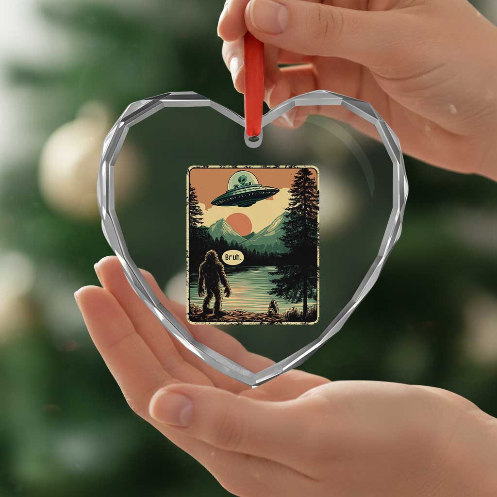 Funny Bigfoot Sasquatch Alien Spaceship UFO Introvert Bruh Heart Crystal Glass Ornament - Wonder Print Shop