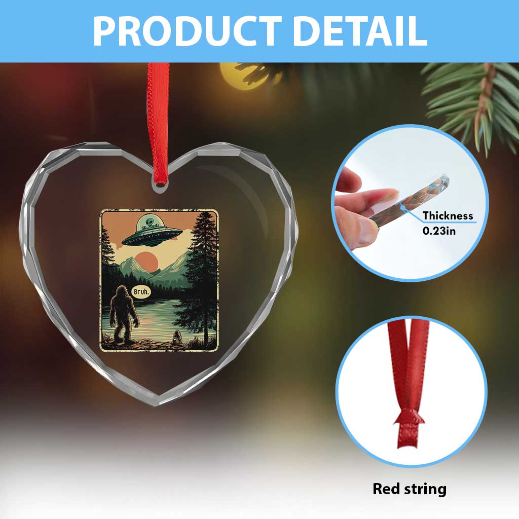 Funny Bigfoot Sasquatch Alien Spaceship UFO Introvert Bruh Heart Crystal Glass Ornament - Wonder Print Shop