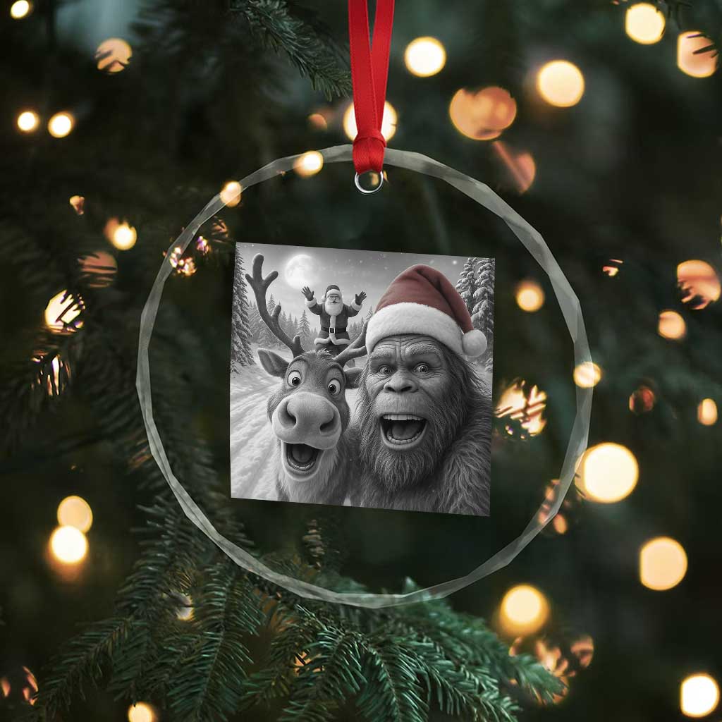 Funny Bigfoot Selfie Christmas Crystal Glass Ornament Santa Reindeer Sasquatch Xmas - Wonder Print Shop