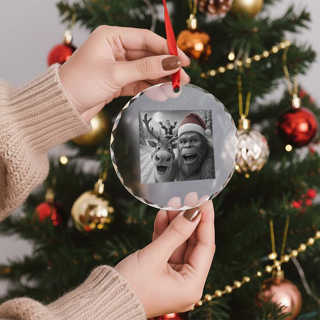 Funny Bigfoot Selfie Christmas Crystal Glass Ornament Santa Reindeer Sasquatch Xmas - Wonder Print Shop