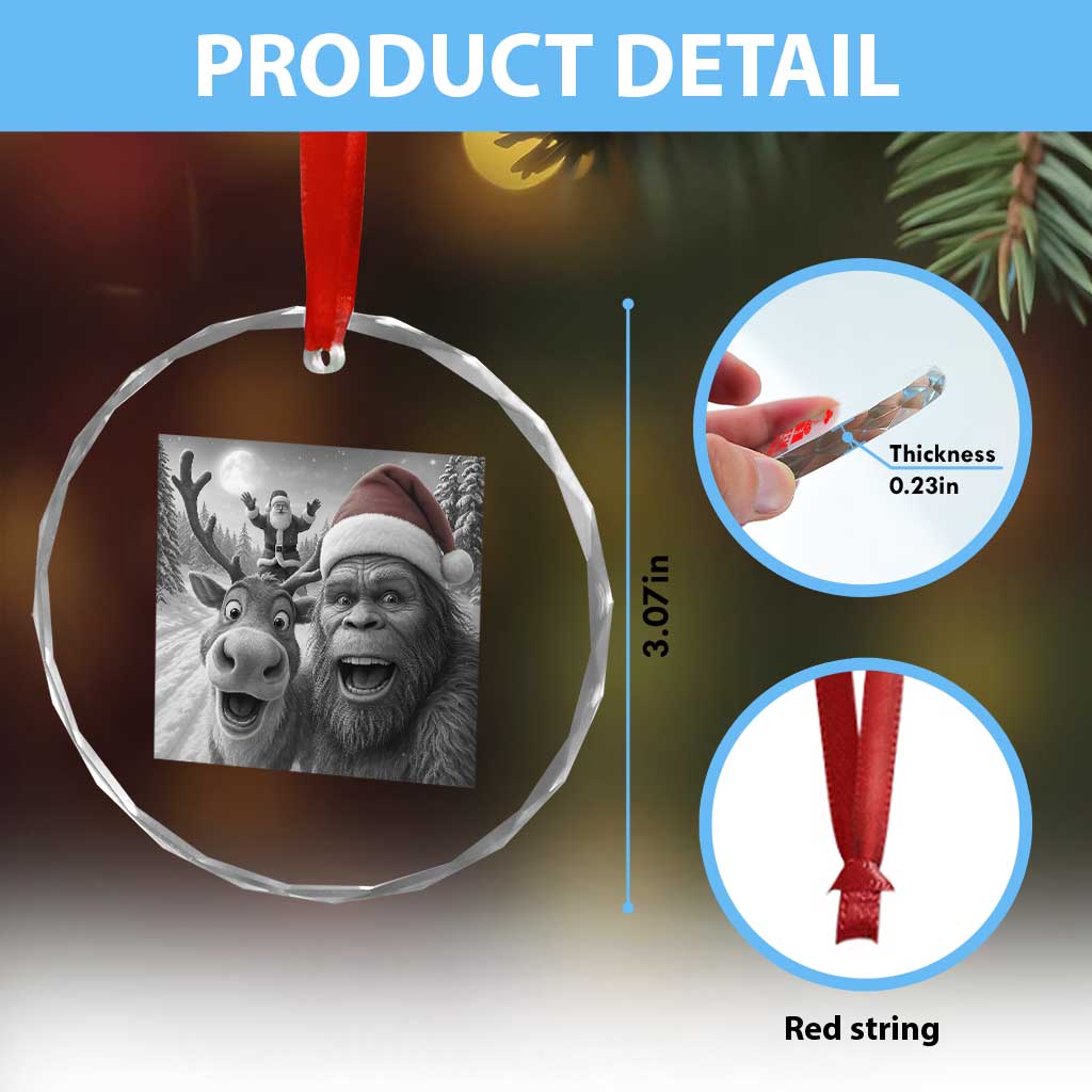 Funny Bigfoot Selfie Christmas Crystal Glass Ornament Santa Reindeer Sasquatch Xmas - Wonder Print Shop