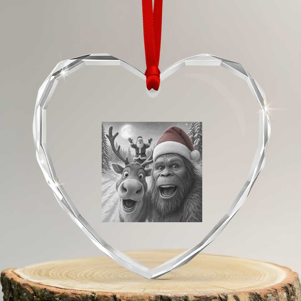 Funny Bigfoot Selfie Christmas Heart Crystal Glass Ornament Santa Reindeer Sasquatch Xmas - Wonder Print Shop