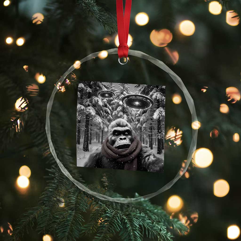 Funny Bigfoot Selfie Crystal Glass Ornament Sasquatch Alien UFO Christmas - Wonder Print Shop