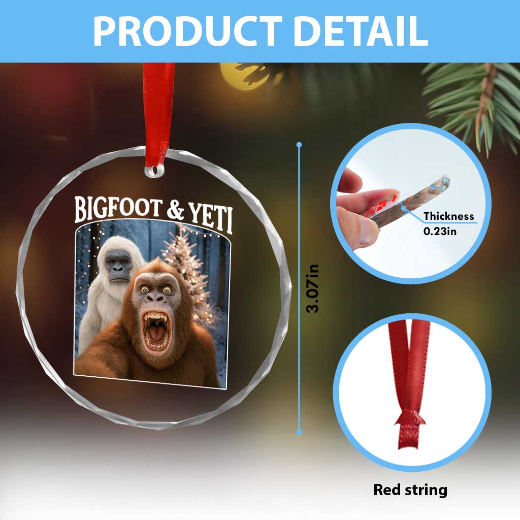 Funny Bigfoot Selfie Crystal Glass Ornament Sasquatch Yeti Christmas - Wonder Print Shop
