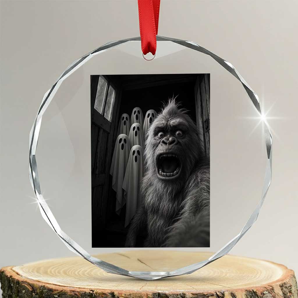 Funny Bigfoot Selfie Halloween Crystal Glass Ornament Sasquatch Ghost Haunted House - Wonder Print Shop