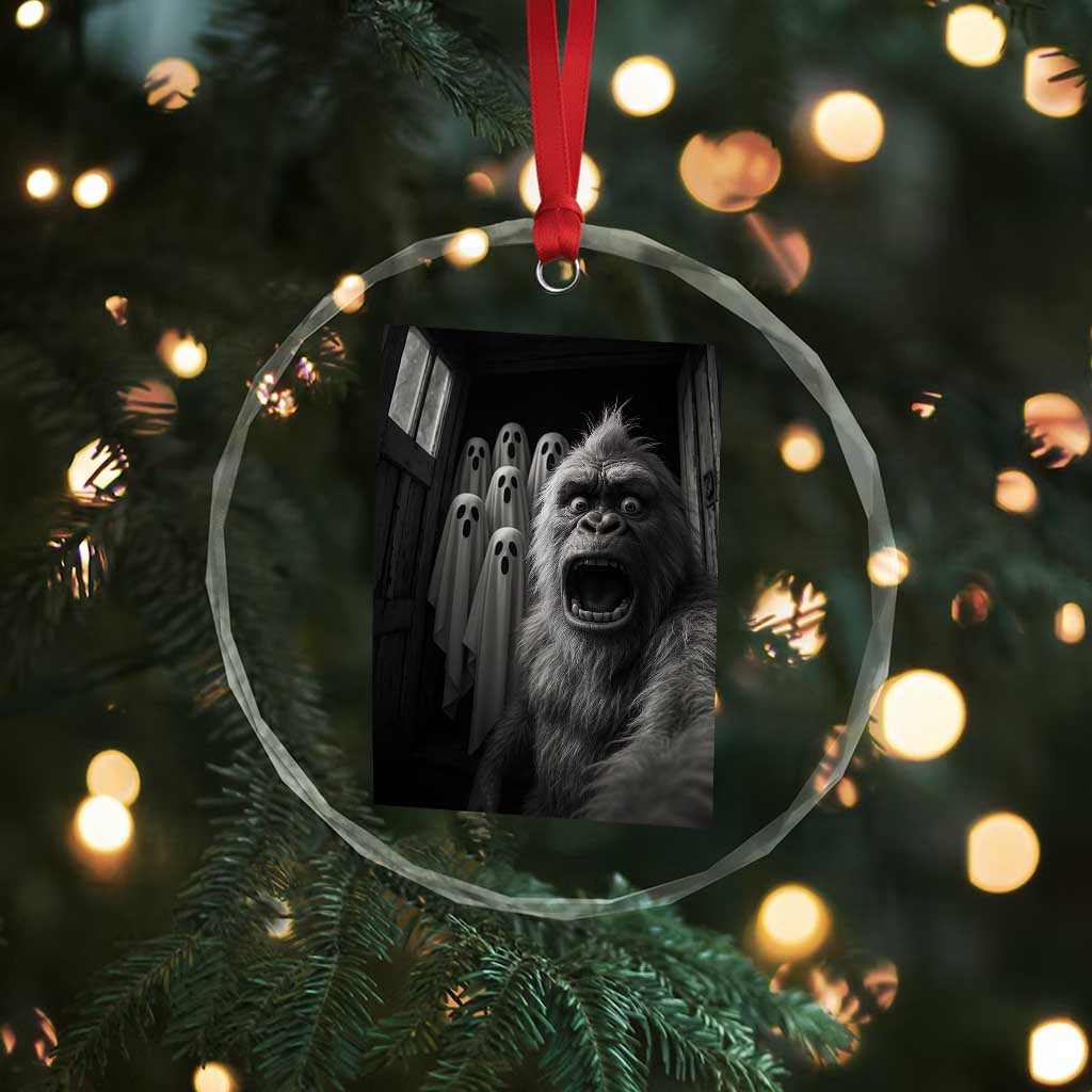 Funny Bigfoot Selfie Halloween Crystal Glass Ornament Sasquatch Ghost Haunted House - Wonder Print Shop