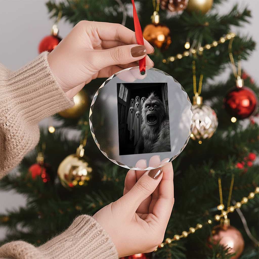 Funny Bigfoot Selfie Halloween Crystal Glass Ornament Sasquatch Ghost Haunted House - Wonder Print Shop