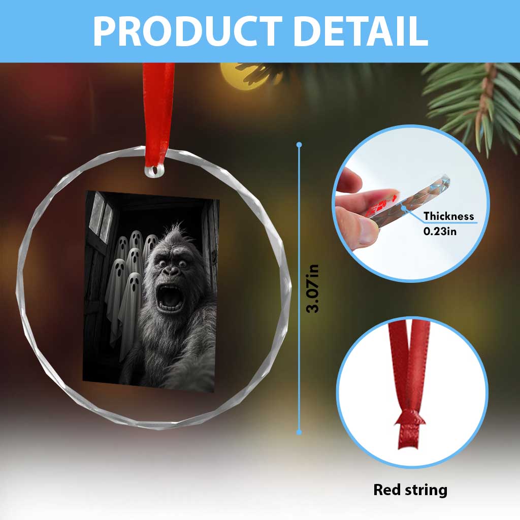 Funny Bigfoot Selfie Halloween Crystal Glass Ornament Sasquatch Ghost Haunted House - Wonder Print Shop
