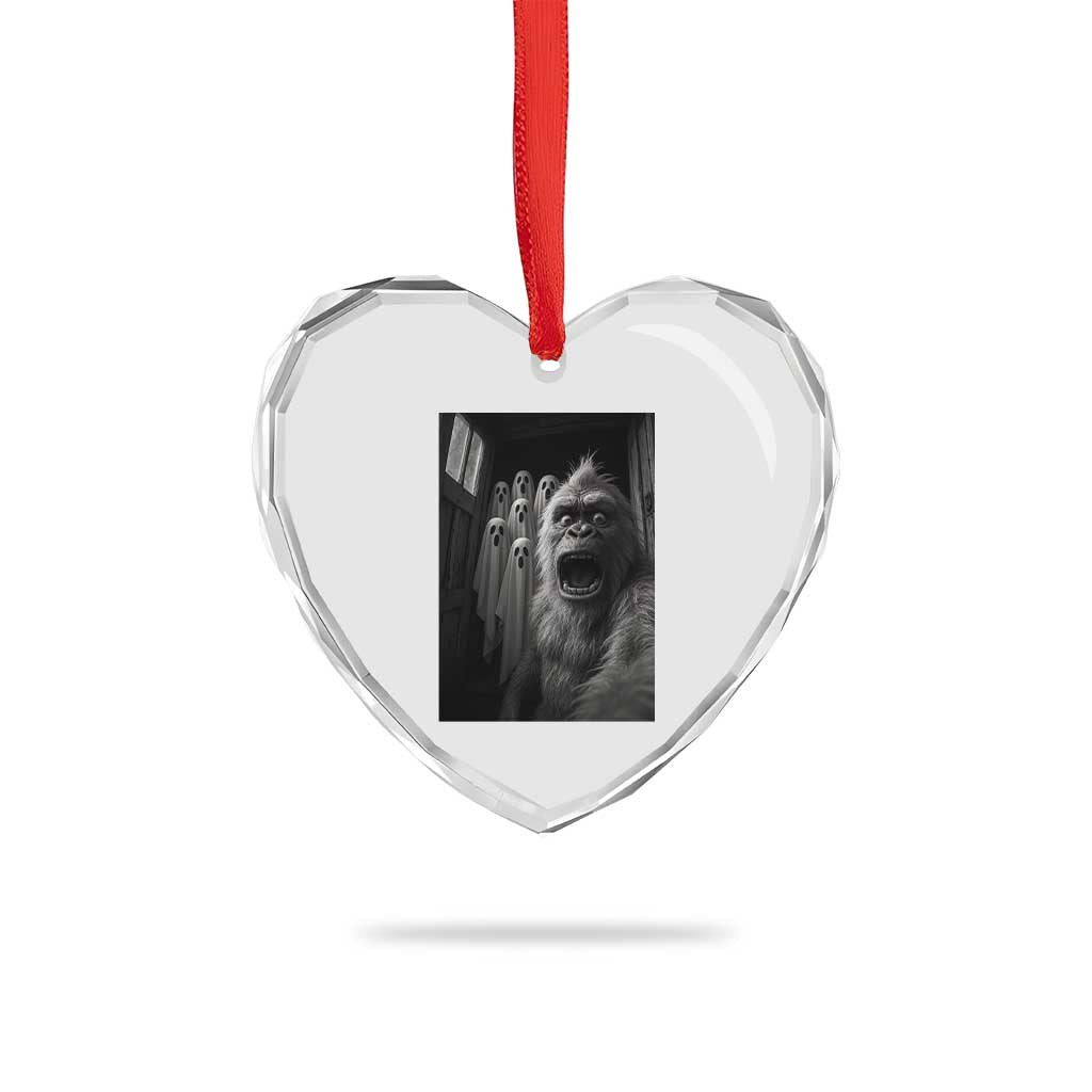Funny Bigfoot Selfie Halloween Heart Crystal Glass Ornament Sasquatch Ghost Haunted House - Wonder Print Shop