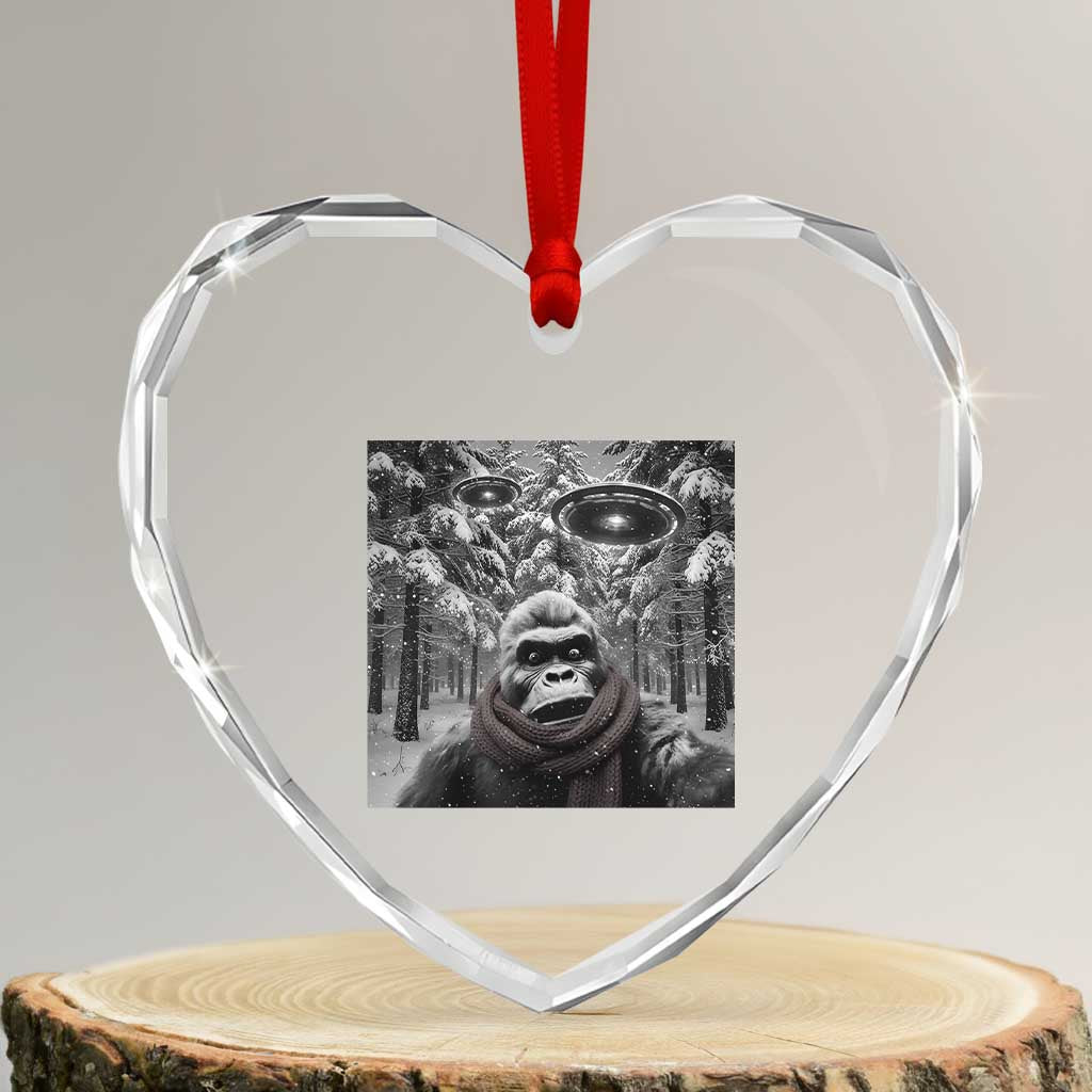 Funny Bigfoot Selfie Heart Crystal Glass Ornament Sasquatch Alien UFO Christmas - Wonder Print Shop