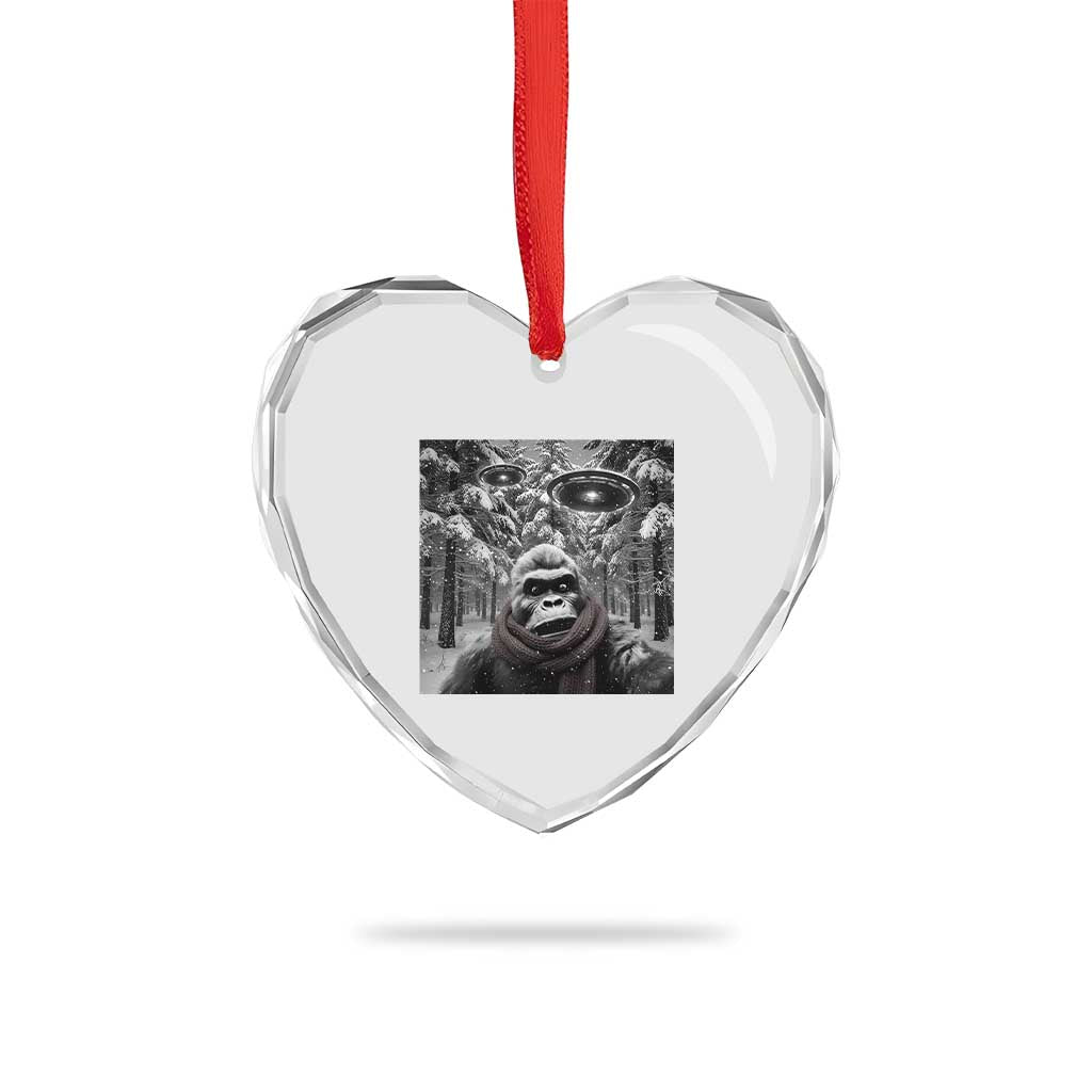 Funny Bigfoot Selfie Heart Crystal Glass Ornament Sasquatch Alien UFO Christmas - Wonder Print Shop