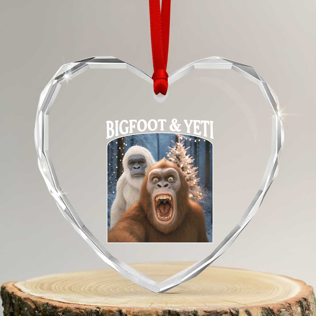 Funny Bigfoot Selfie Heart Crystal Glass Ornament Sasquatch Yeti Christmas - Wonder Print Shop