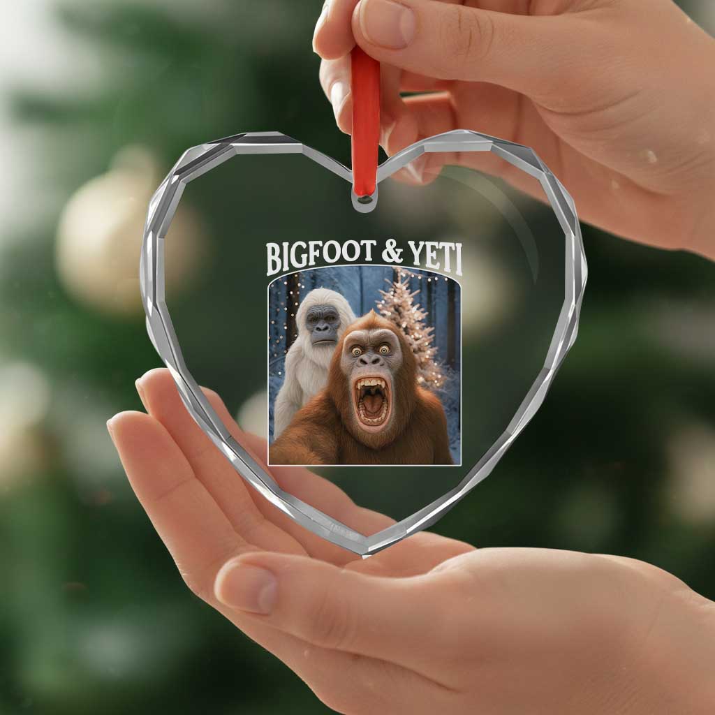 Funny Bigfoot Selfie Heart Crystal Glass Ornament Sasquatch Yeti Christmas - Wonder Print Shop
