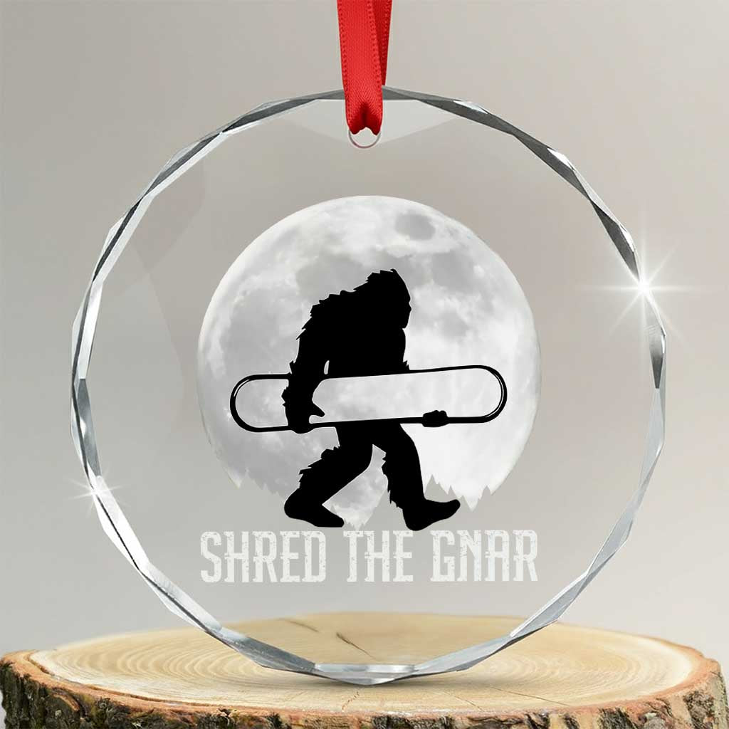 Funny Bigfoot Snowboarding Crystal Glass Ornament Shred The Gnar Moon Snowboard - Wonder Print Shop
