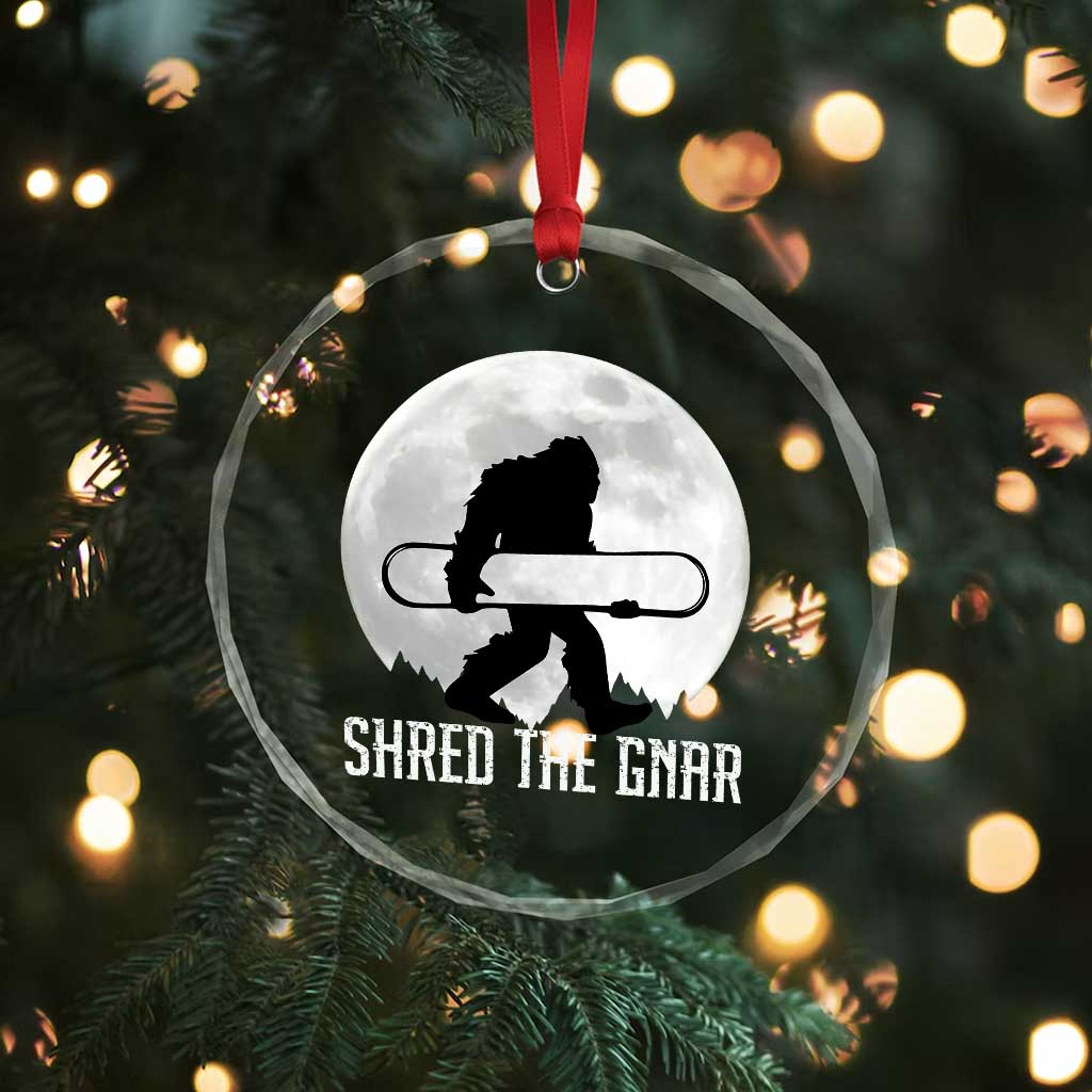 Funny Bigfoot Snowboarding Crystal Glass Ornament Shred The Gnar Moon Snowboard - Wonder Print Shop