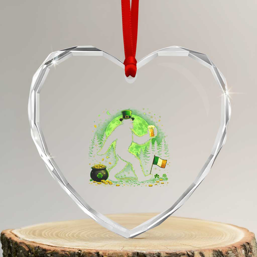 Funny Bigfoot St Patricks Day Heart Crystal Glass Ornament Sasquatch Drinking Green Beer Lover