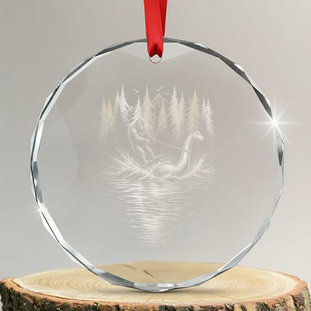 Funny Bigfoot Water Skiing Behind Nessie Crystal Glass Ornament Cryptid Lover