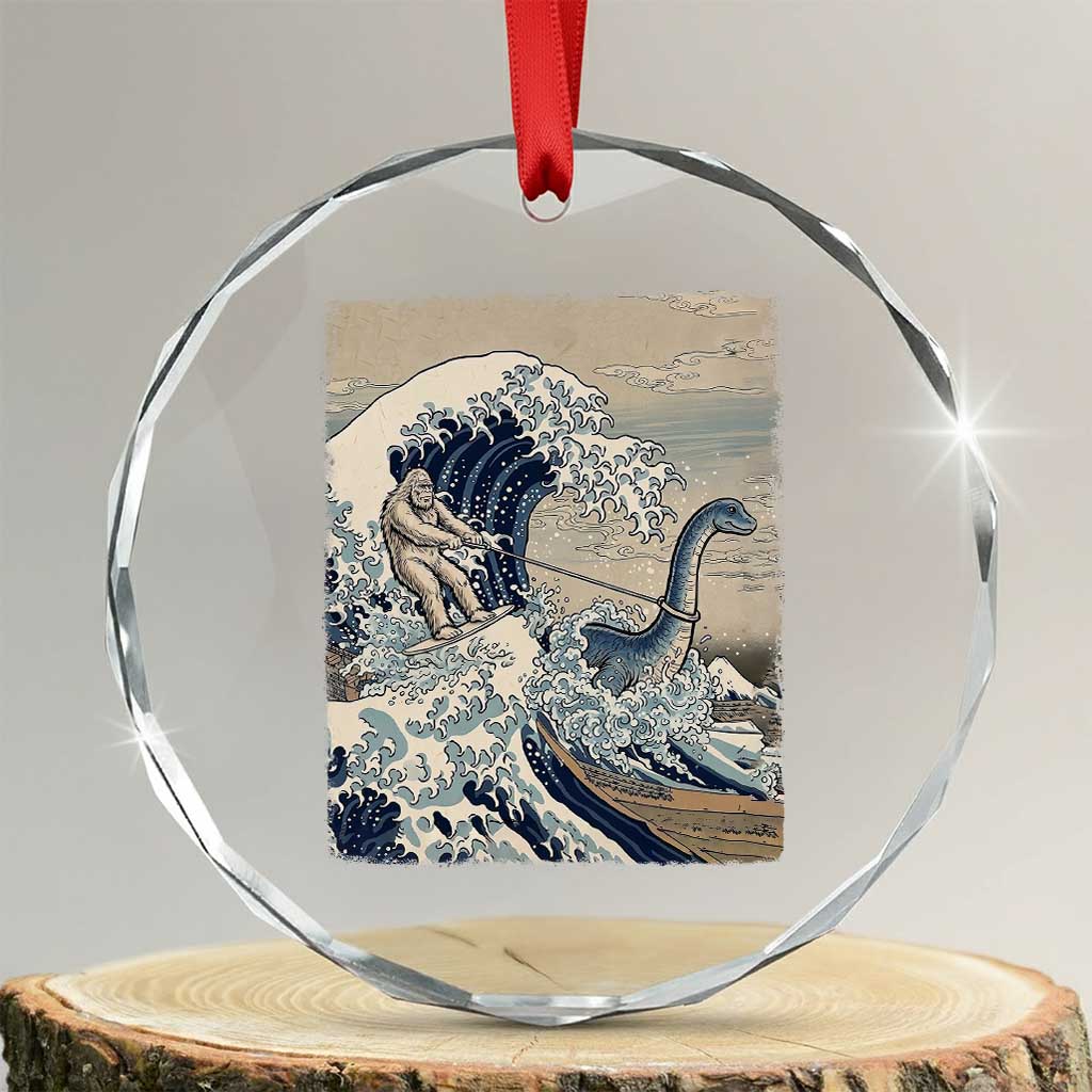 Funny Bigfoot Water Skiing Behind Nessie Crystal Glass Ornament Ukiyoe Inspired Wave Art