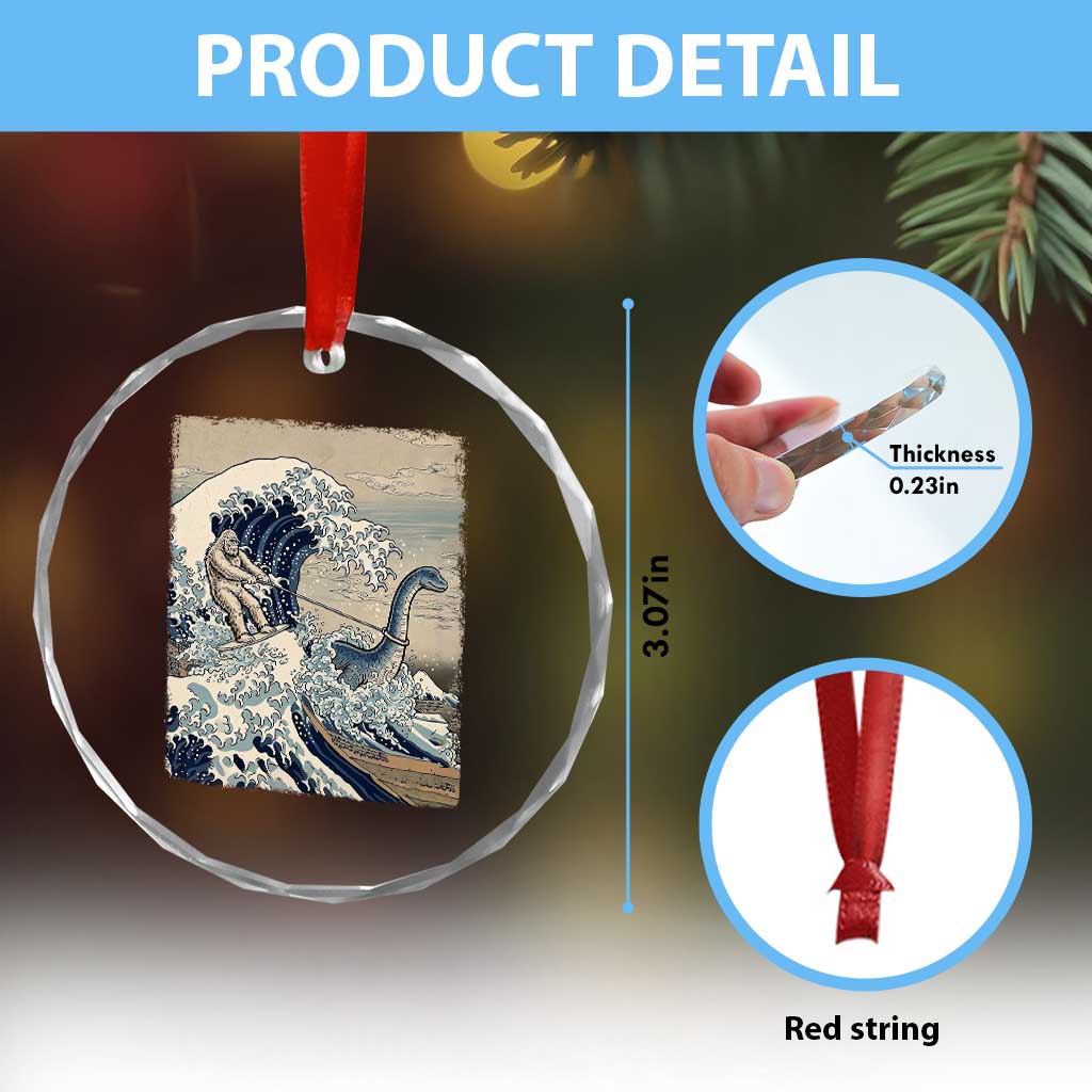 Funny Bigfoot Water Skiing Behind Nessie Crystal Glass Ornament Ukiyoe Inspired Wave Art