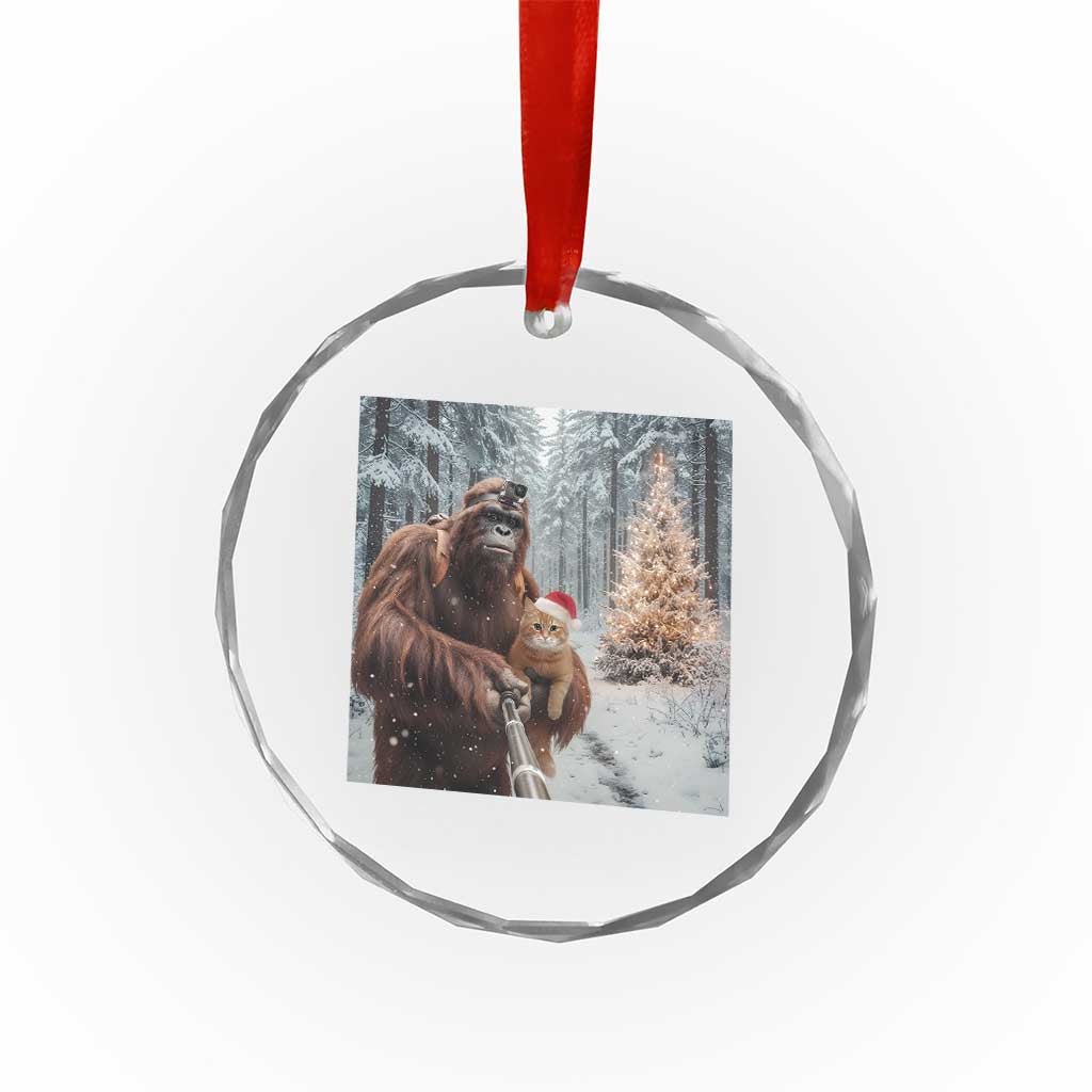Funny Bigfoot With Cat Selfie Christmas Crystal Glass Ornament - Wonder Print Shop