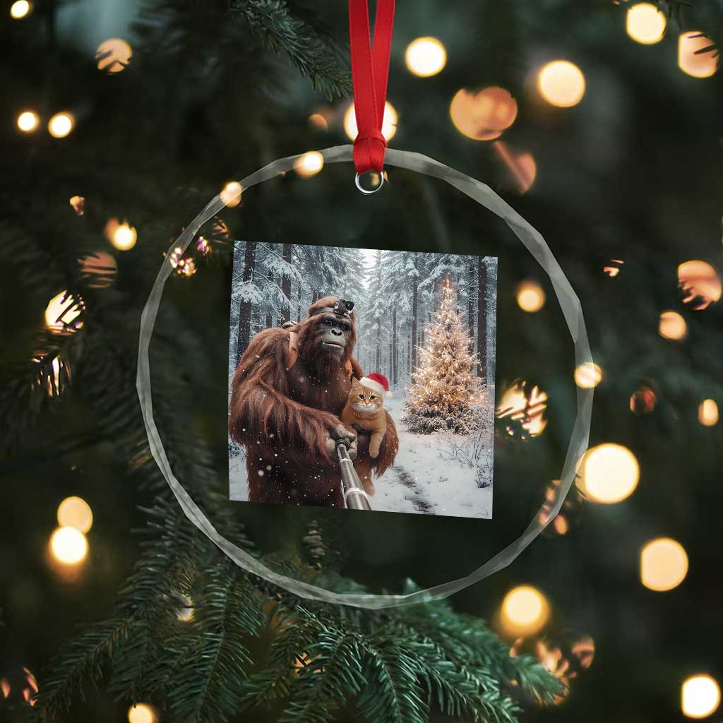 Funny Bigfoot With Cat Selfie Christmas Crystal Glass Ornament - Wonder Print Shop