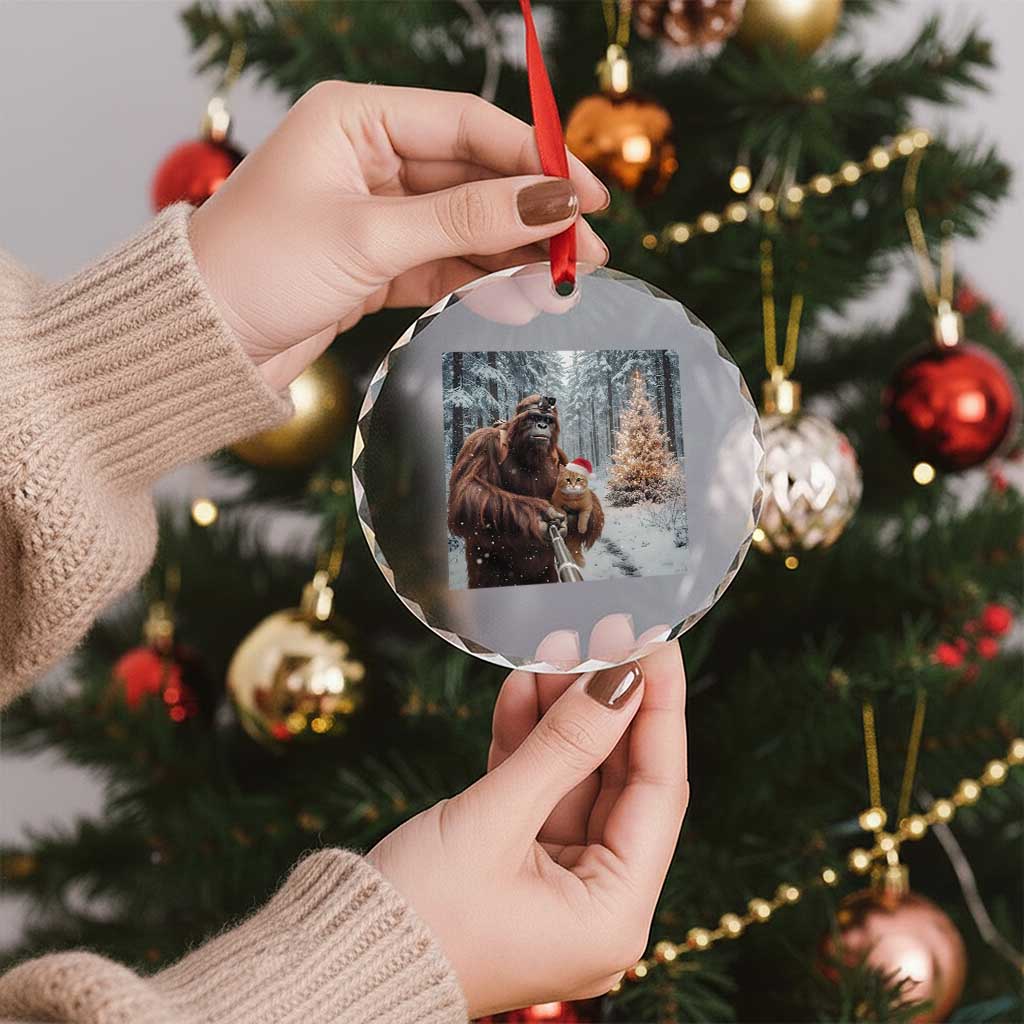 Funny Bigfoot With Cat Selfie Christmas Crystal Glass Ornament - Wonder Print Shop